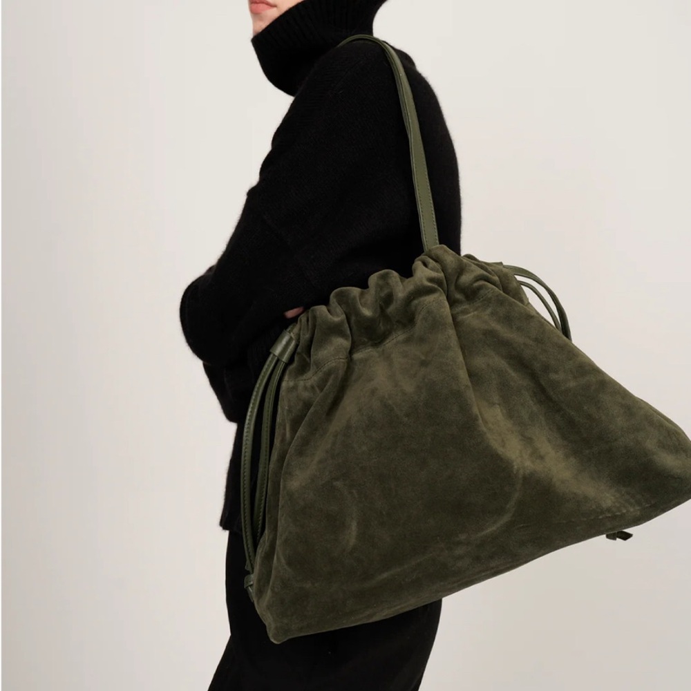 Green Suede Shoulder Bag with Drawstring Closure